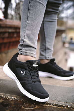 Unisex Siyah Beyaz Günlük Rahat Yürüyüş Ayakkabısı File Detaylı Sneaker Spor Ayakkabı