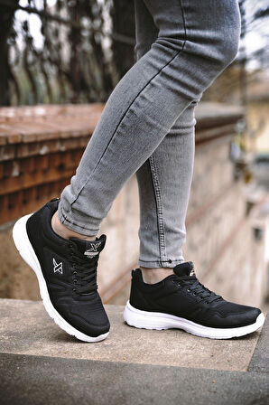 Unisex Siyah Beyaz Günlük Rahat Yürüyüş Ayakkabısı File Detaylı Sneaker Spor Ayakkabı