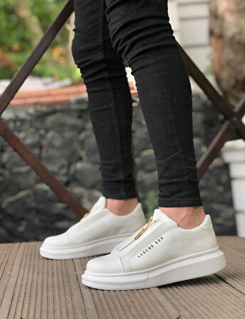 Kalın Yüksek Taban Fermuarlı Beyaz Erkek Ayakkabı