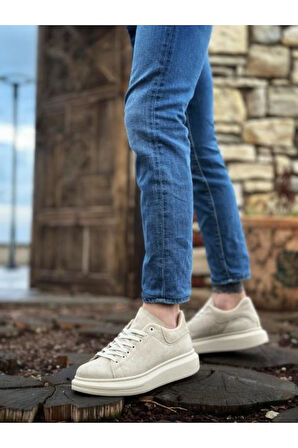 Kalın Yüksek Taban Krem Süet Bağcıklı Spor Erkek Ayakkabı