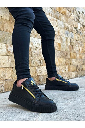 Kalın Yüksek Taban Çift Fermuarlı Siyah Siyah Erkek Ayakkabı