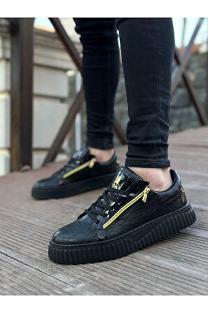 Kalın Yüksek Taban Çift Fermuarlı Siyah Siyah Erkek Ayakkabı