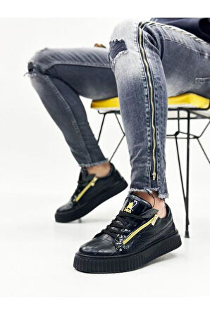 Kalın Yüksek Taban Çift Fermuarlı Siyah Siyah Erkek Ayakkabı