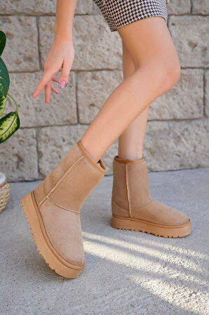 Kadın Lüx Süet İçi Kürklü Kışlık Kalın Taban Konforlu Bot