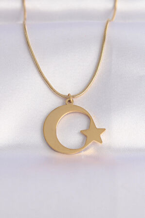 316L Çelik Zincir Gold Renk Ay Yıldız Unisex Kolye alithestereo