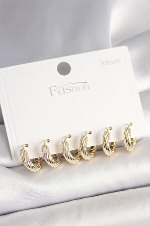 925 Ayar Gümüş Çivi Pirinç Gold Renk İşlemeli Halka Model Kadın Küpe Seti