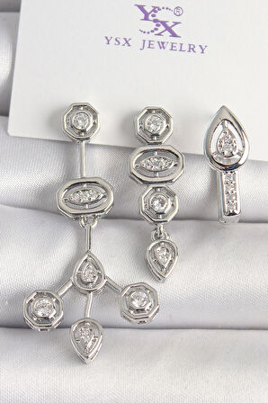 Pirinç Gümüş Renk Zirkon Taşlı Geometrik Model 3'Lü Kadın Kombin Küpe