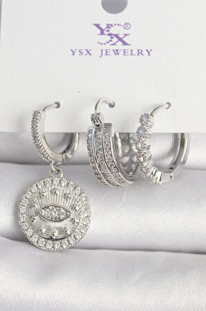 Pirinç Gümüş Renk Zirkon Taşlı Göz İşlemeli Halka Model 3'Lü Kadın Kombin Küpe