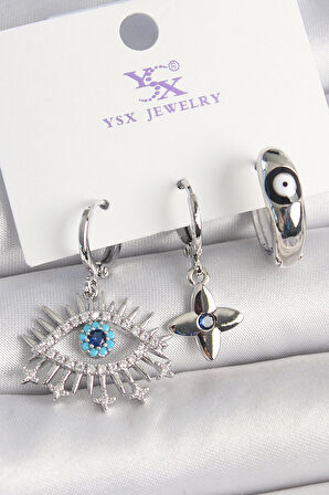 Pirinç Gümüş Renk Zirkon Taşlı Göz Model Nazar Boncuk Detay 3'Lü Kadın Kombin Küpe