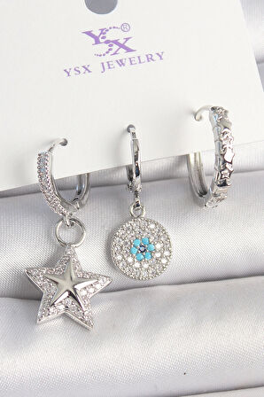 Pirinç Gold Renk Zirkon Taşlı Yıldız Model Nazar Boncuk Detay 3'Lü Kadın Kombin Küpe