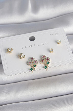 Pirinç Gold Renk Renkli Zirkon Taşlı Çiçek Model Yaprak Detay 925 Ayar Gümüş Çivi Kadın Küpe Seti