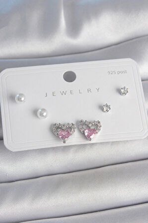 Pirinç Gümüş Renk Pembe Zirkon Taşlı Kalp Model İnci Detay 925 Ayar Gümüş Çivi Kadın Küpe Seti