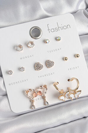 Pirinç Gold Renk Zirkon Taşlı Sallantılı Kalp Figür Kelebek Detay 7 Çift Kadın Küpe Seti