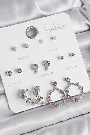 Pirinç Gümüş Renk Zirkon Taşlı Gül Figür Halka Model 7 Çift Kadın Küpe Seti