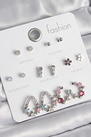 Pirinç Gümüş Renk Zirkon Taşlı Damla Model Çiçek Detay 7 Çift Kadın Küpe Seti