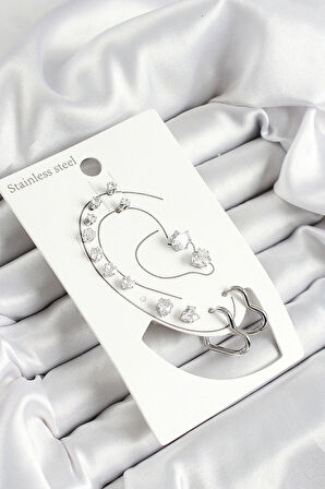 316L Çelik Kalp Figürlü Ve Zirkon Taşlı Gümüş Renk 7'li Çift Kadın Küpe Set