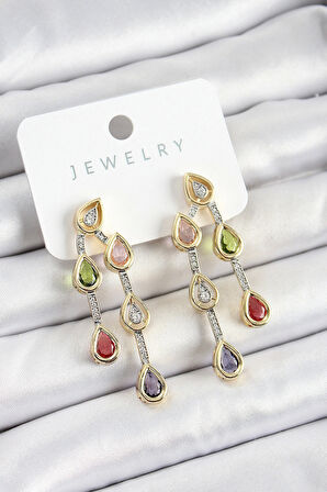 Pirinç Çoklu Damla Model Karşık Zirkon Taşlı Gold Ve Gümüş Renk Kadın Küpe