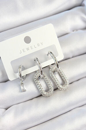 Pirinç Zirkon Taşlı Dikdörtgen Model Gümüş Renk 3'lü Çift Kadın Küpe Set