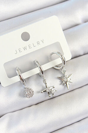 Pirinç Zirkon Taşlı Kutup Yıldızı Model Gümüş Renk 3'lü Çift Kadın Küpe Set