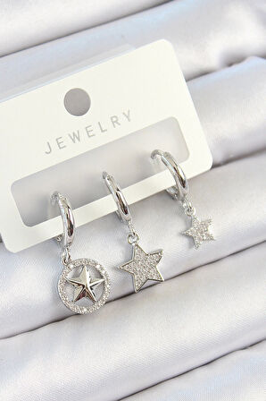 Pirinç Zirkon Taşlı Yıldız Model Gümüş Renk 3'lü Çift Kadın Küpe Set