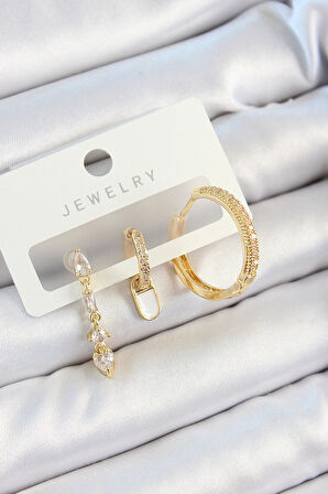 Pirinç Zirkon Taşlı Sallantılı Model Gold Renk 3'lü Çift Kadın Küpe Set