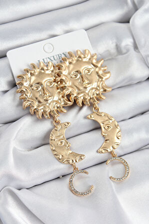 Pirinç Zirkon Taşlı Sallantılı Güneş Model Gold Renk Kadın Küpe