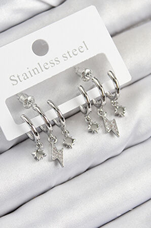 Pirinç Zirkon Taşlı Şimşek Model Gümüş Renk Kadın Küpe