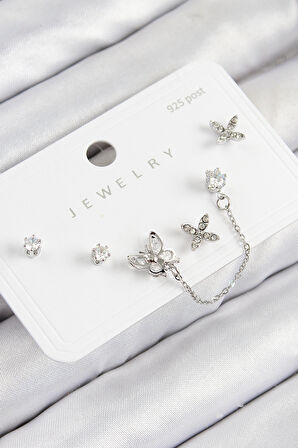 Pirinç Zirkon Taşlı Kelebek Model Gümüş Renk 925 Ayar Gümüş Çivi Kadın Küpe Set