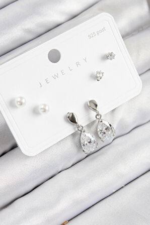 Pirinç Zirkon Taşlı Sallantılı Damla Model Gümüş Renk 925 Ayar Gümüş Çivi Kadın Küpe Set
