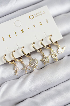 Pirinç Zirkon Taşlı İstiridye Balina Ve Yıldız Gold Renk 6'lı Küpe Set