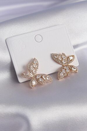 Gold Renk Zirkon Taşlı Kelebek Model Pirinç Kadın Küpe