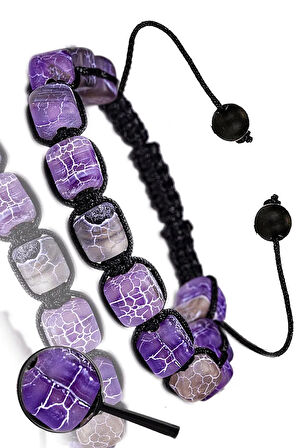 Sertifikalı Makrome Küp Kesim Damarlı Mor Akik Taşı Bileklik