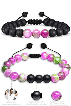 Sertifikalı Doğal Yeşil Mor Kuvars Oniks Taşı Doğal Taş Bileklik Seti