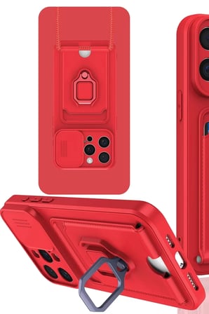 Newface Apple iPhone 15 Pro Max Kılıf Zuma Kartvizitli Yüzüklü Silikon - Kırmızı