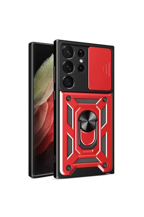 Newface Samsung Galaxy S23 Ultra Kılıf Pars Lens Yüzüklü Silikon - Kırmızı