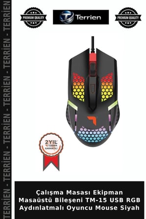 Çalışma Masası Ekipman Masaüstü Bileşeni TM-15 USB RGB Aydınlatmalı Oyuncu Mouse Siyah