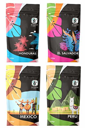 Peru Honduras Mexico El Salvador Yöresel Öğütülmüş Filtre Kahve Seti 4 x 200 g