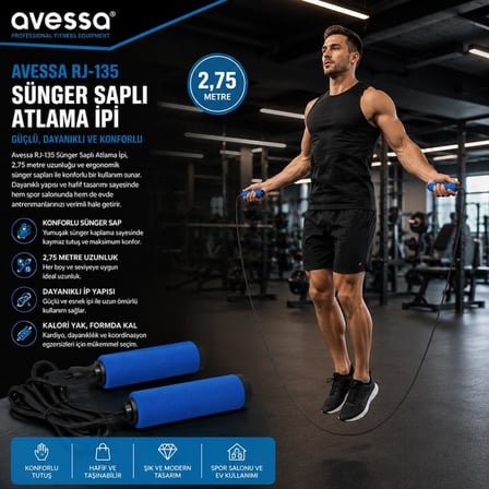 Özel Üretim JR-135 Sünger Saplı Atlama İpi Tempo Kondisyon Ev Sporu