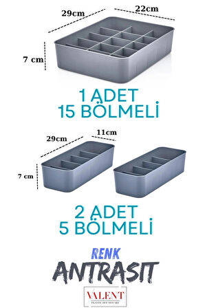 3'lü Set Bölmeli Makyaj Takı Organizer, Banyo Mutfak Düzenleyici 1x15 gözlü, 2x5 gözlü Antrasit