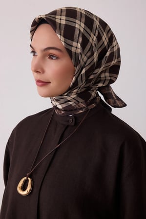 Belli Ekose Kareli Desenli %100 Twill İpek Eşarp 4421D
