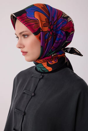 Belli Çiçek Desenli Twill İpek Eşarp 4413D