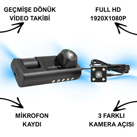 Araç İçi Kamera Trafik Kamerası Mikrofonlu Yol Takip 3 Kamera Sürücü Yol Ekranlı Kamera Kayıt Cihazı
