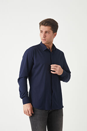 Erkek Slimfit Poplin Likralı Gömlek Gizli Düğme Detaylı