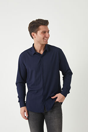 Erkek Slimfit Poplin Likralı Gömlek Gizli Düğme Detaylı