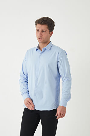 Erkek Slimfit Poplin Likralı Gömlek Gizli Düğme Detaylı