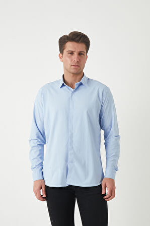 Erkek Slimfit Poplin Likralı Gömlek Gizli Düğme Detaylı