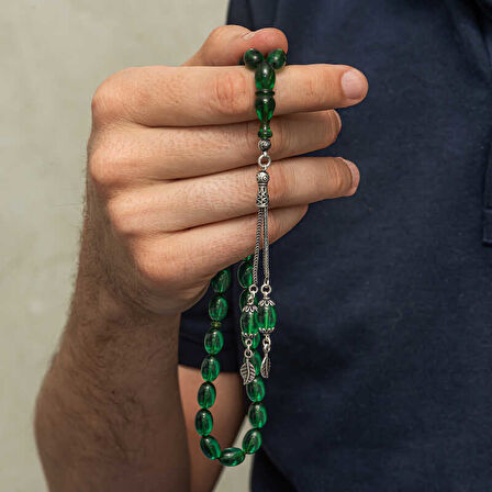 BlackCraft Gümüş Püsküllü Yeşil Ateş Kehribar Tesbih (BC-752406)