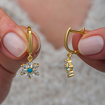 BlackCraft Gümüş Mavi Taşlı Gold Çiçek Kadın Küpe (BC-22D75D)