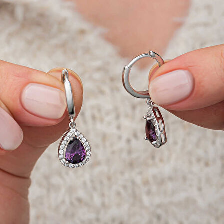 BlackCraft Gümüş Mor Zirkon Taşlı Damla Kadın Küpe (BC-421849)