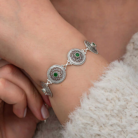 BlackCraft Gümüş Telkari Zümrüt Taşlı Kadın Bileklik (BC-4B7BC8)